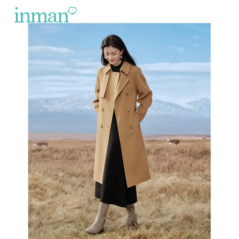 

INMAN Women Double-sided 100% Woolen Coat 2023 Winter Long Sleeve Lapel Loose Overcoat with Waistband Double Breasted Jacket