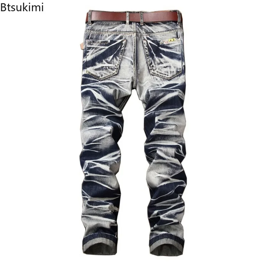 New 2024 Men's Casual Jeans Pants Slim Fit Straight Pleated Biker Jeans Pants Trousers Male Denim Casual Pants Plus Size 42