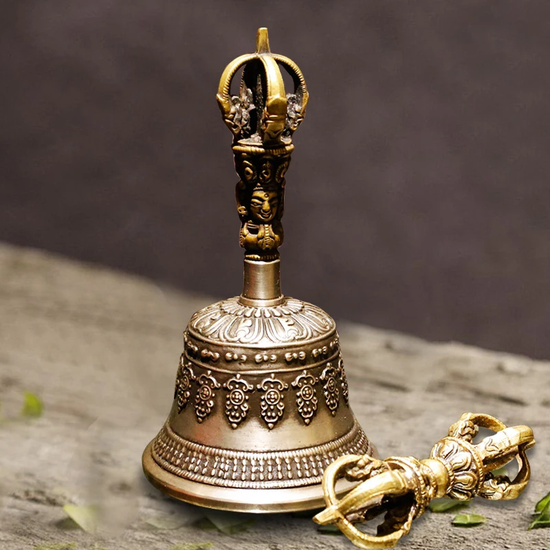 Nepal Handmade Brass Tibetan Bells Chimes Big Buddhist Meditation Bell with Dorje Vajra Yoga Meditation Sound Healing Instrument