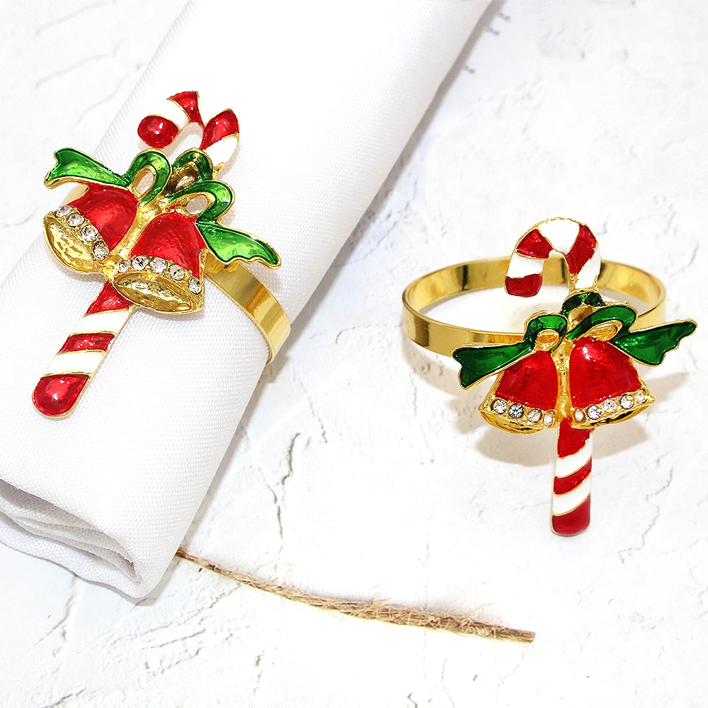 6Pcs Christmas Napkin Rings Set Xmas Elk Candy Cane Santa Claus Tree Snowman Napkin Holder for Wedding Holiday Party Table Deco