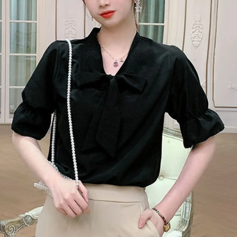 Fashion Bow Collar Apricot Chiffon Blouse Shirt Women Tops Blusas Mujer De Moda Verano Short Sleeve Blouse Women Blusa