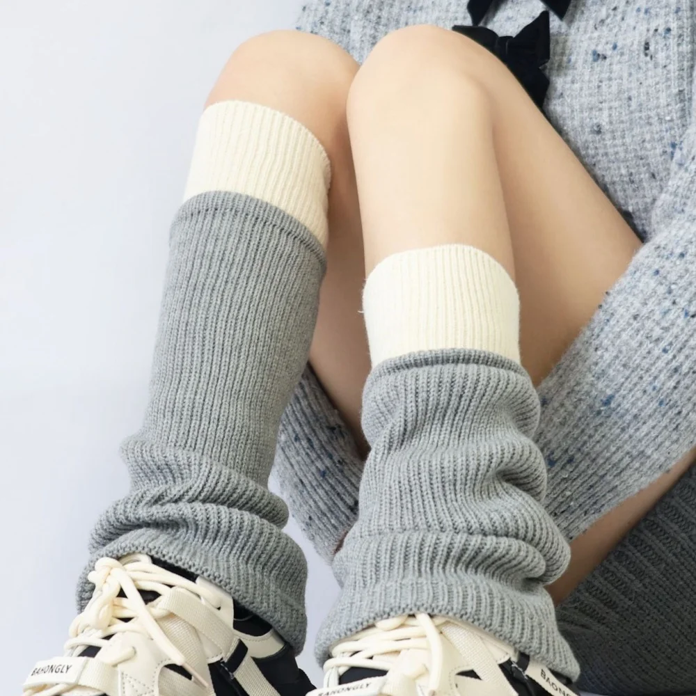 Color Block Knit Leg Warmers Women's Japanese Style Long Socks Knit Ribbed Footwear Autumn Winter Stacked Boot Cover Socks