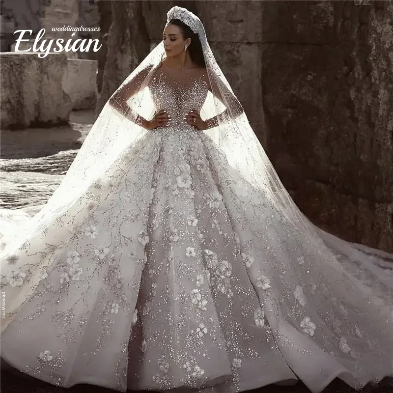 Personalizado novo vestido de casamento de luxo feito à mão elegante renda manga longa vestido de casamento sexy o-pescoço weddin