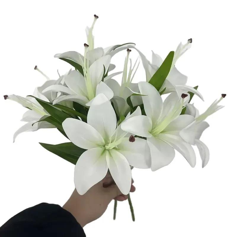 5Bunch Künstliche 5-köpfige Lilien-Seidenblumen Brautstrauß Kunstblumen Lilien Hochzeitsdeko Party Tisch Heimdekoration Zubehör