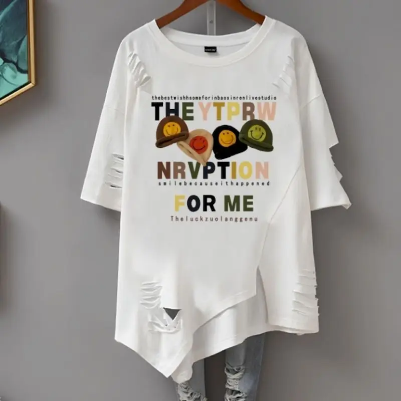 Fashion 100% Cotton T Shirt Women Literary Letter Print Short-sleeved T-shirt Women\'s Irregular Hem Bottoming Shirt Loose Summer