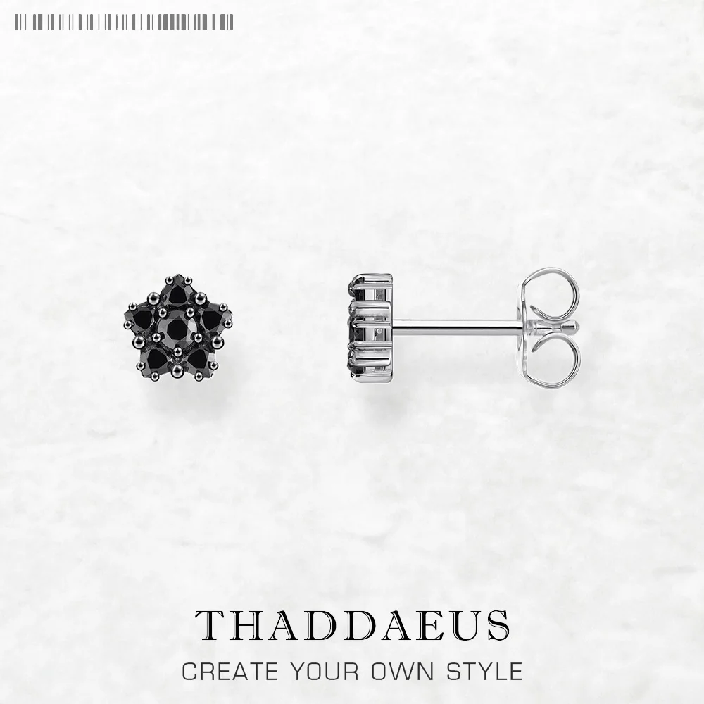

Black Pentagonal Flower Stud Earrings Europe Style Glam Fine Jewerly For Women Romantic Gift In 925 Sterling Silver