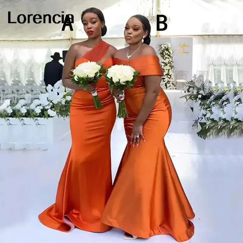 

Lorencia Orange 2024 Long Bridesmaid Dress V-Neck Floor Length Mermaid Satin Maid of Honor Lace Up Wedding Party Gowns YBD58