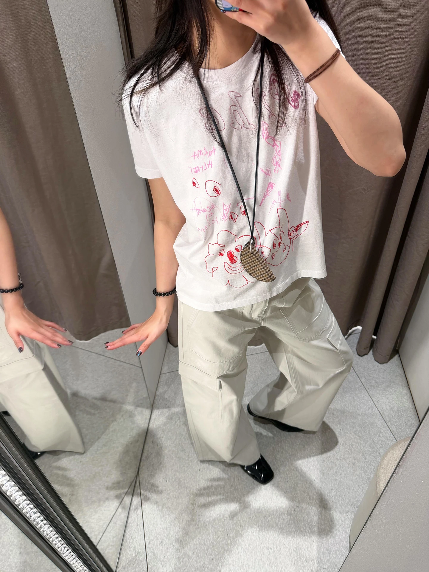 Summer Casual Women's Short Sleeve T-Shirt Pure Cotton Loose Fit round Neck Print Top Graffiti Hand-Drawn Floral White