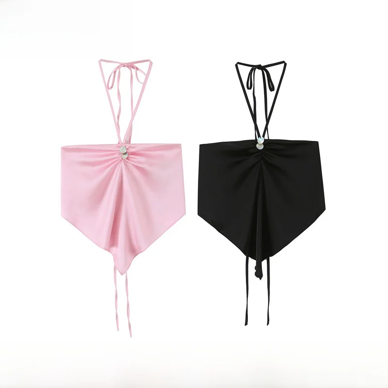 Fashionable Women's Short Top Collarless Spring Summer New Arrival Versatile Neck Hanging Design Polyester Fiber T-Shirt