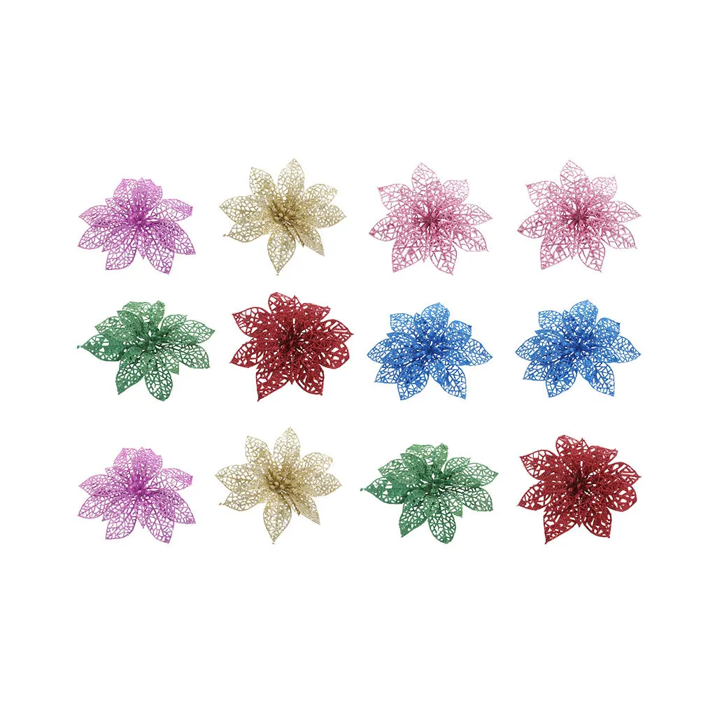 

12pcs Artificial Christmas Flowers Hollow Out Floral Simulation Tree Decoration Plastic Craft Work Elegant Reusable