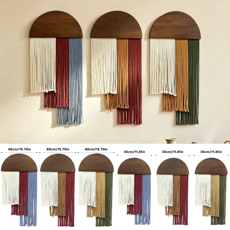 Half Round Wooden Macrame Tapestry Wall Hanging With Tassels Hand Woven Boho Color‑Blocked Wall Art For Home Background Decor
