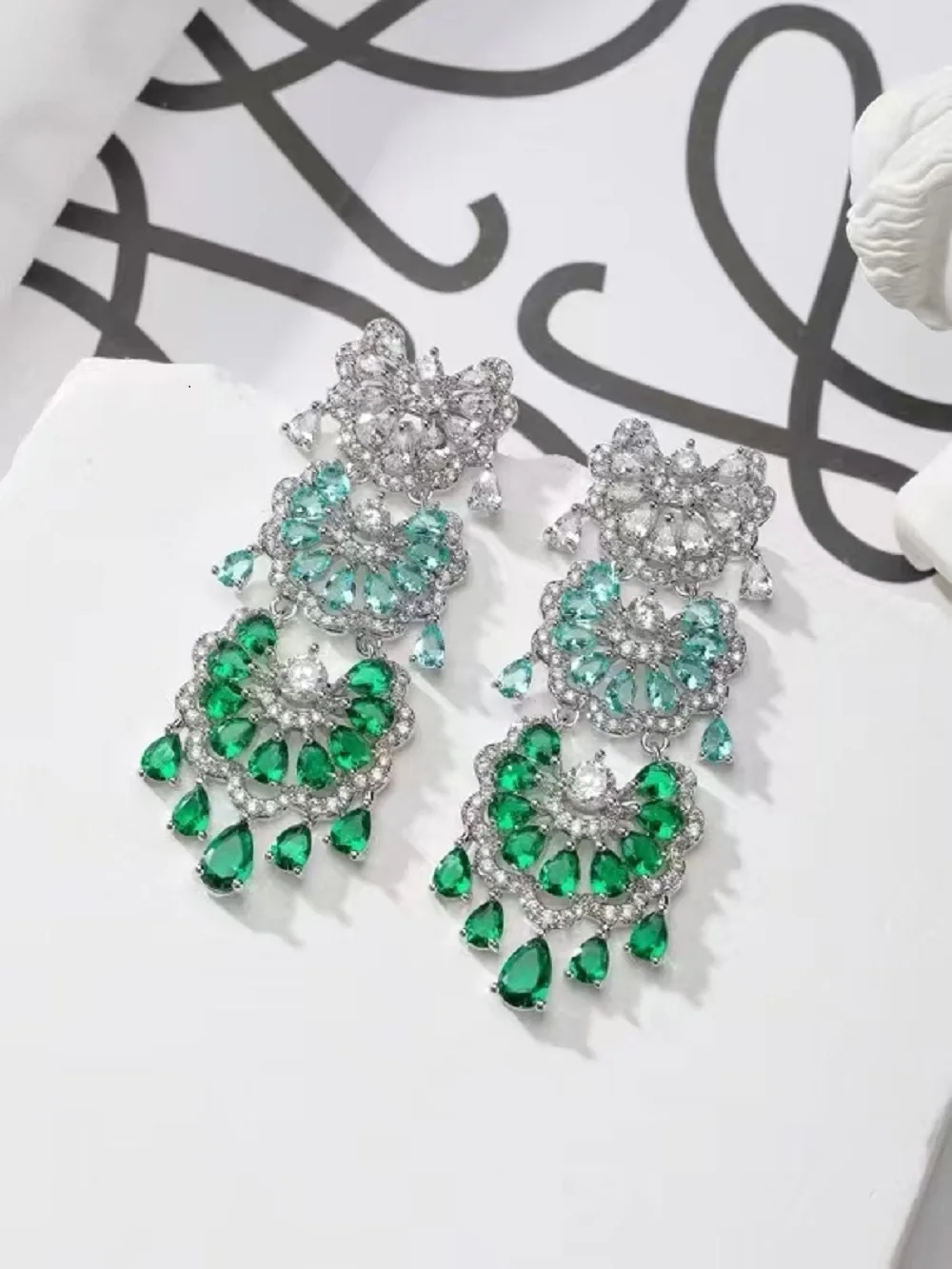 Bilincolor Designer's Green Multi layered Flower Droplet Earrings for Women