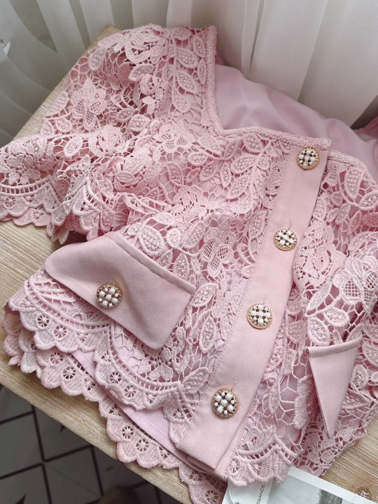 New Summer Lace Skirt Suits 2 Piece Sets Women Outfits Elegant Square Collar Short Sleeve Shirt Top + Mini Skirt Sets Pink/white