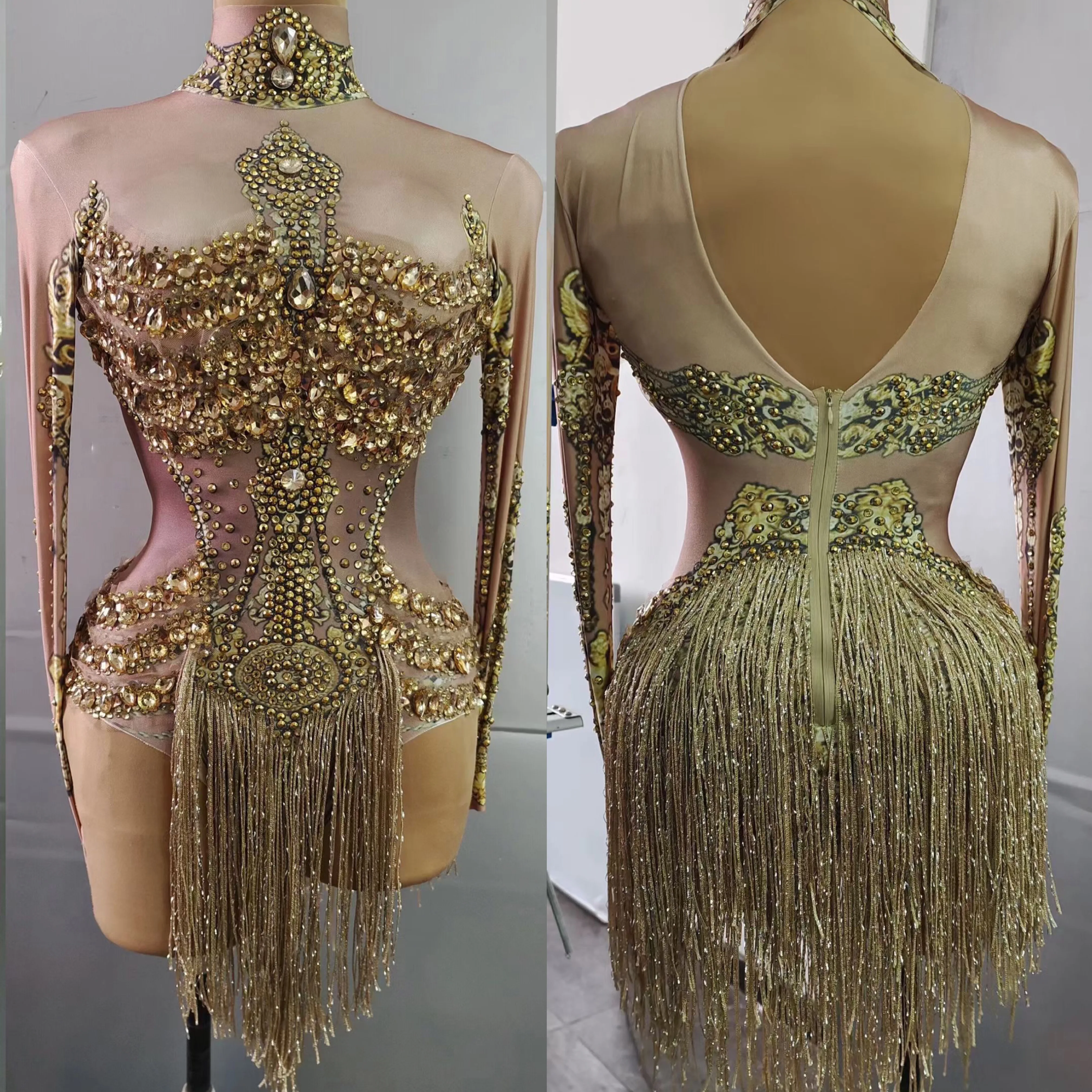 

Women Gold Long Sleeves Shining Rhinestones Sexy Backless Tassel Bodysuits Stage Costume