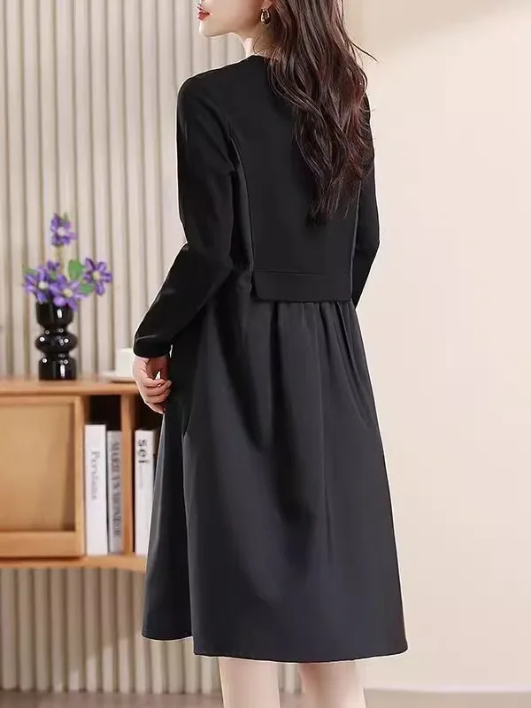 캐주얼 슬레 플러스 사이즈 드 페이크 투피스 롱 슬리브 루즈핏 스플라이스 슬리밍 미디 길이 A라인 스커트 여성용