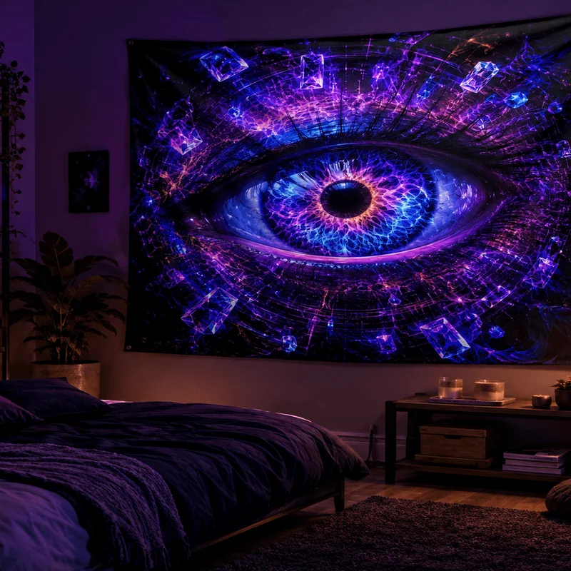 VIKAMA Purple Blue Neon Crystal Eye of Knowledge Tapestry Cyber Circuit Pattern Giant Spiritual Room Decoration