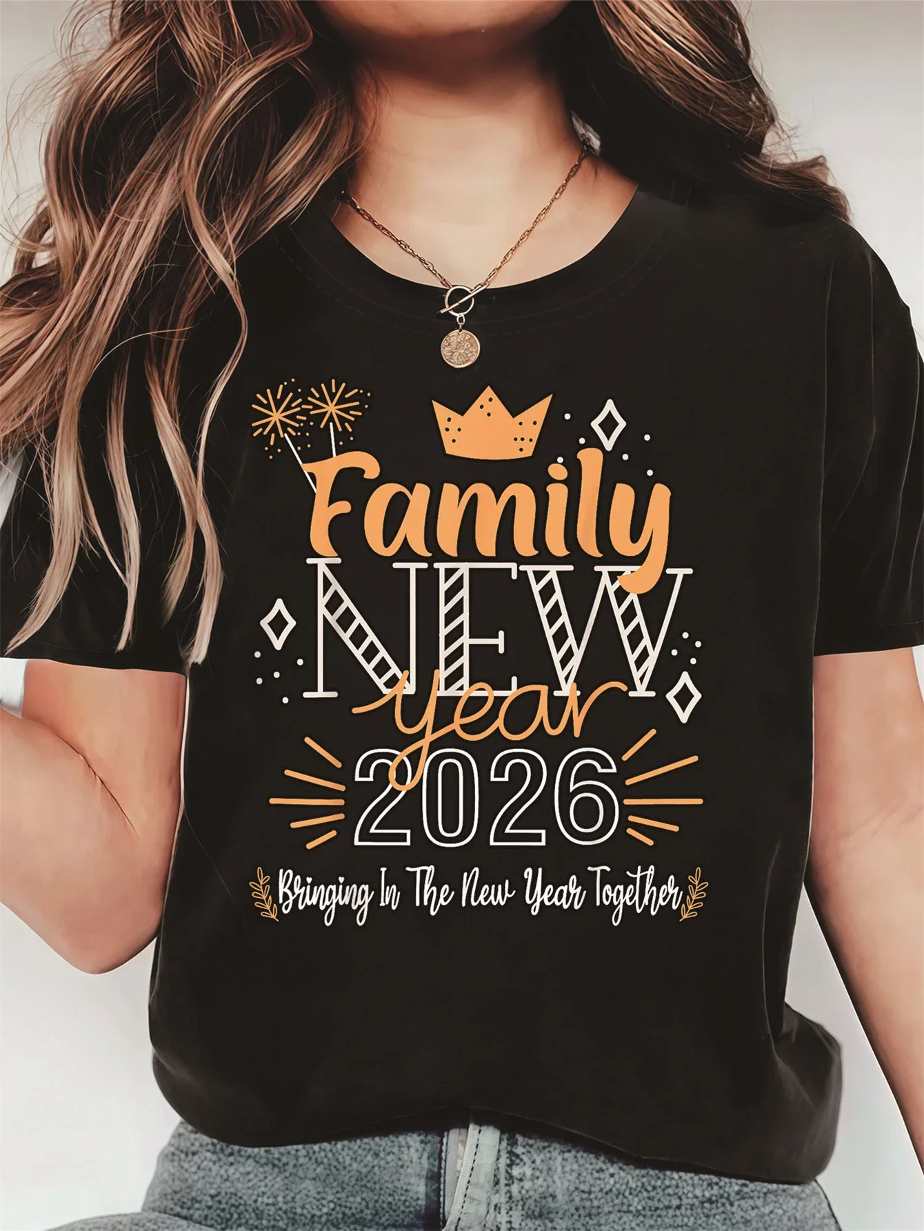 

Women's T-shirt Short Sleeve Family New Year 2026 Letter Print Crew Neck Casual Top For Summer & Spring