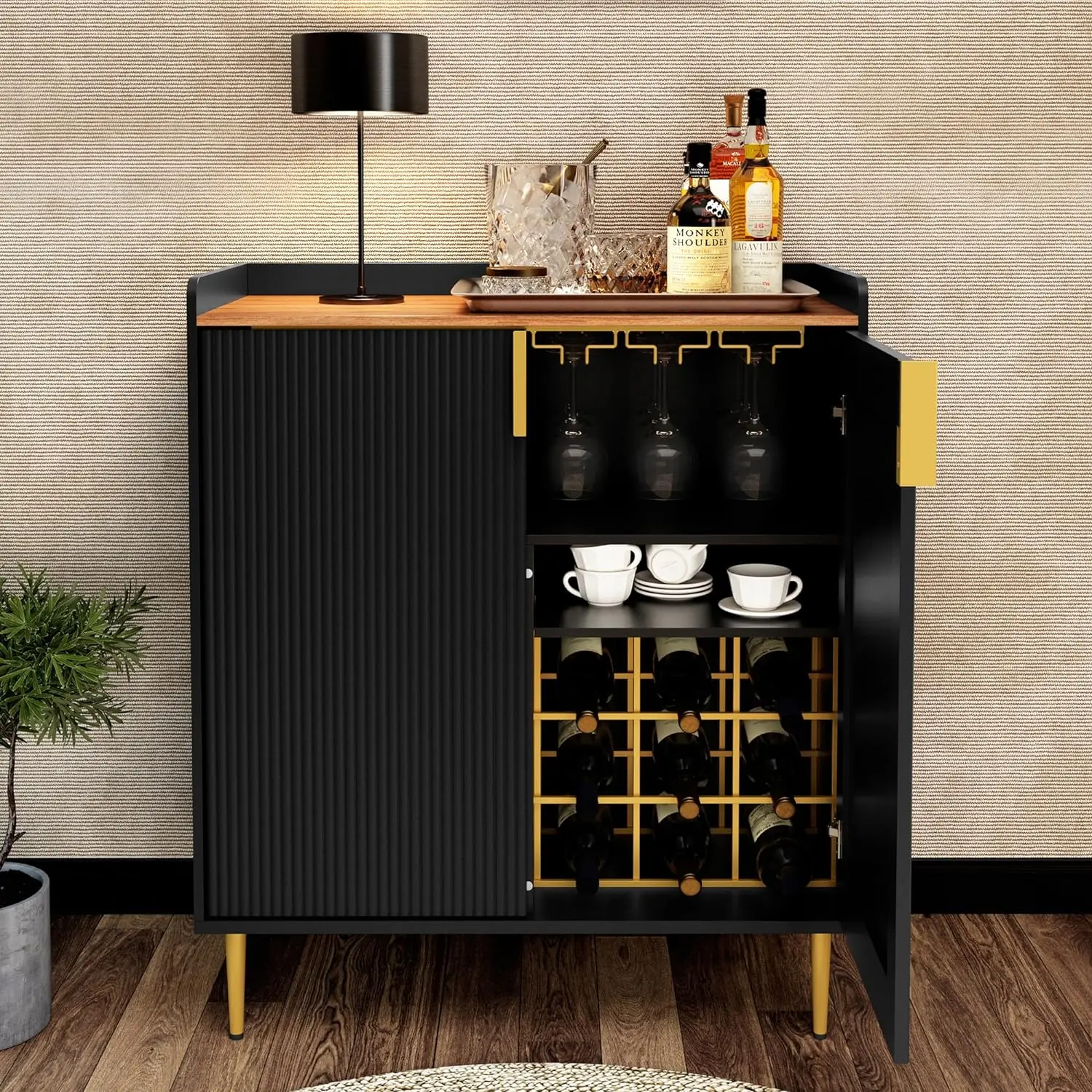 Artpower Sideboard Buffet Cabinet With Fluted Texture, Modern Coffee Bar Cabinet With Wine Rack&Drawers, Black Liquor Cabinet