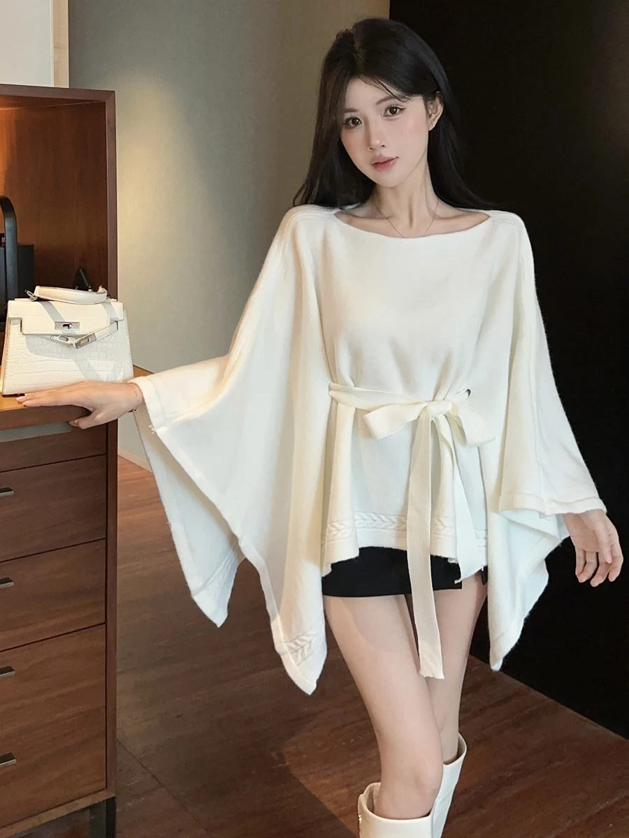 Fashionable Versatile Knitted Cowl Neck Wrap Shoulder Top Loose Atmosphere Sweater Jacket Women's Regular Fit Long Sleeve Bat...