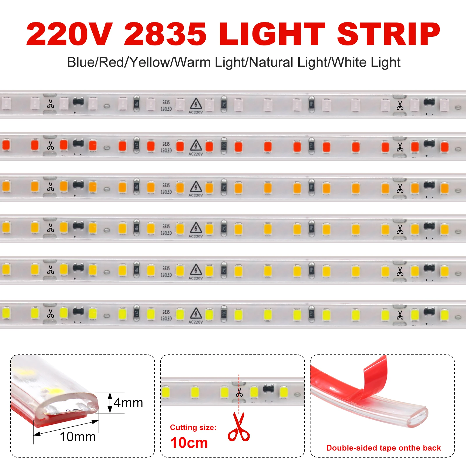 AC 220V LED Strip Waterproof 2835 120Leds/M White/Green/Red/Blue/Pink/Yellow Home Decor Self Adhesive Flexible Ribbon Tape Light