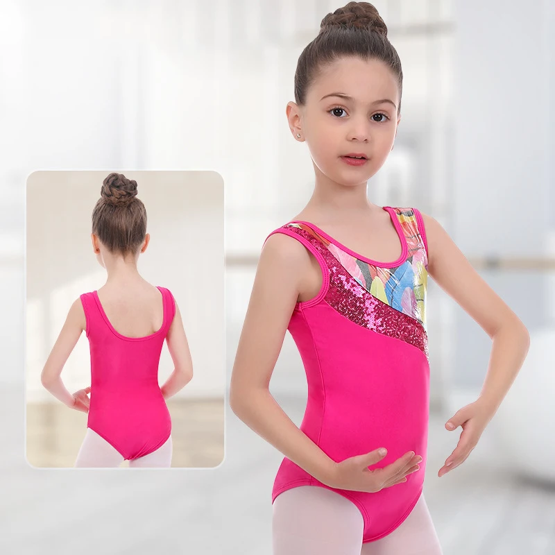 Kids Girls Ballet Dance Jumpsuit Glitter Metallic Sequin Round Neck Ballet Dancewear Leotard Gymnastic Figure Skating Bodysuit