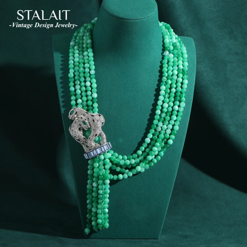 

Green Natural Stone Crystal Ball Leopard Head Glass Beaded Necklaces Chunky Layered Vintage Women Antique Jewelry New