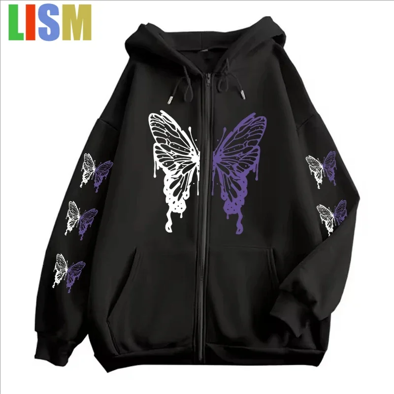 

LISM women's winter clothes y2k 2025 Butterfly Graphic Zipper Hoodies Women Trend Coat Winter Fleece Long Sleeve Zip-up Hoodies