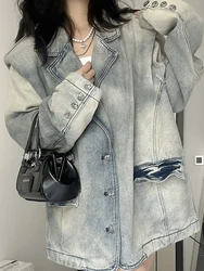 American Vintage Y2k top colletto dentellato manica lunga Tie Dye bottone Denim cappotto tasche stile pigro Casual allentato giacche da donna