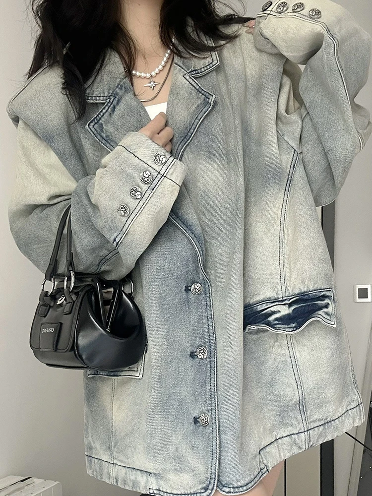 American Vintage Y2k Tops Notched Collar Long Sleeve Tie Dye Button Denim Coat Pockets Lazy Style Casual Loose Women Jackets