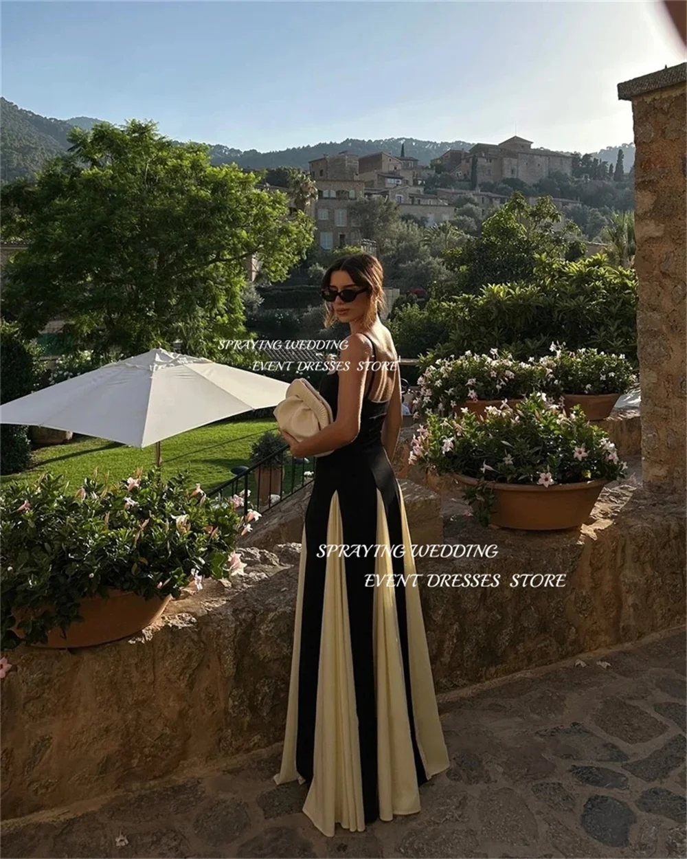 رش أسود أبيض فساتين سهرة طويلة طيات ألف خط فساتين لحضور الحفلات الموسيقية مثير حزام العباءات طول الأرض رداء حفلات مخصص 2025