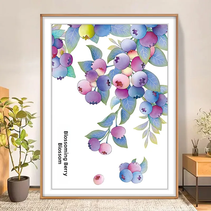 

Modern Simple Cross Stitch Kit Blueberry Handmade Embroidery for Living Room Cotton Fabric Plant Flower Pattern White Color