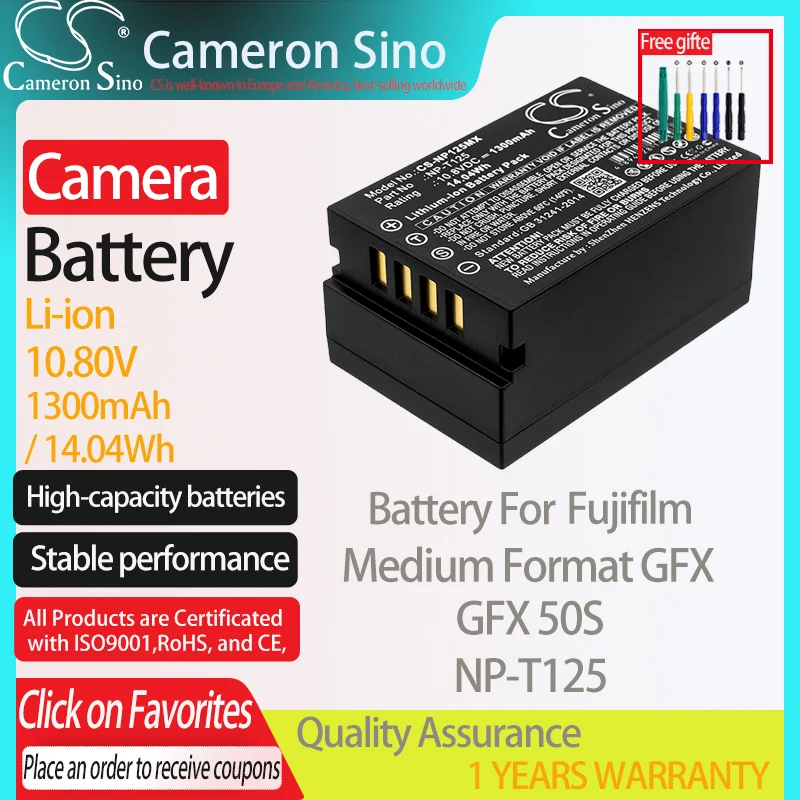 CameronSino Battery for Fujifilm Medium Format GFX GFX 50S fits Fujifilm NP-T125 camera battery 1300mAh/14.04Wh 10.80V Li-ion