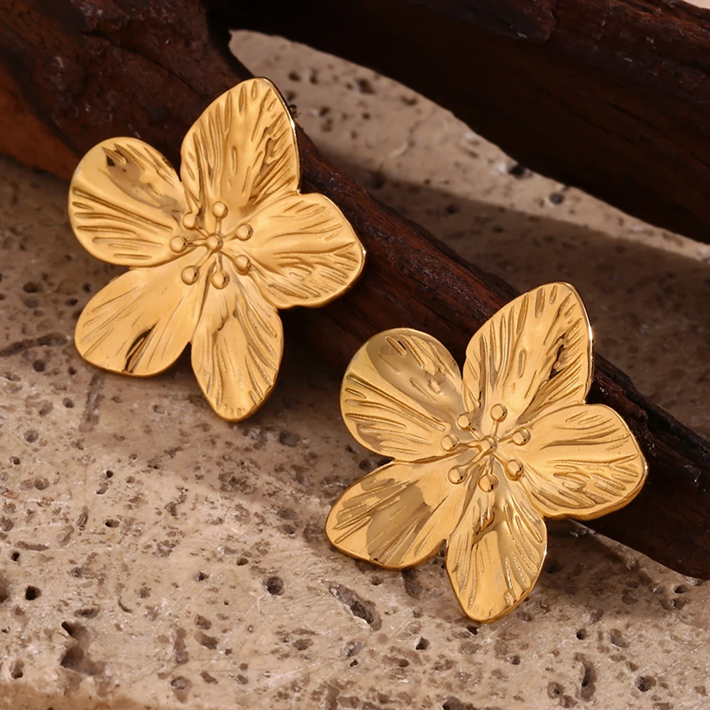 Brushed Petal Flower Stud Earrings Cute Water Resistant 18K Gold Plated Gift 316L Stainless Steel Earrings for Women