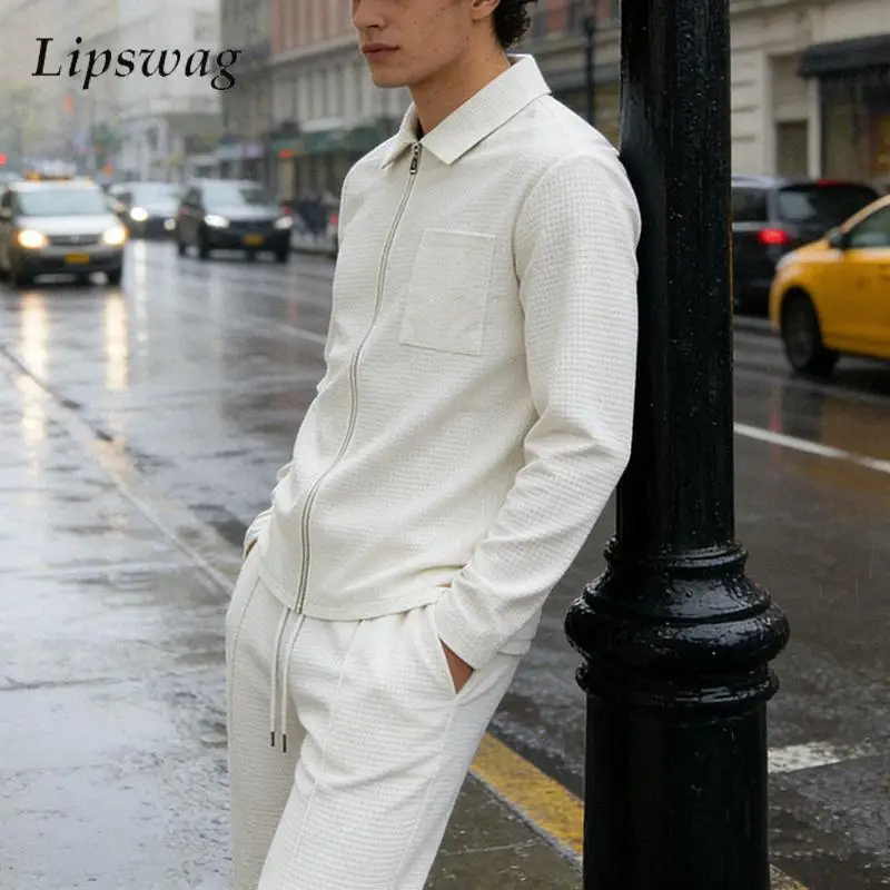 

Daily Leisure Mens Waffle Plaid Textured Suits Vintage Solid Color Jacket And Trousers Two Piece Sets Men Spring Autumn Outfits