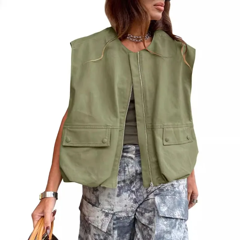 

Женская однотонная куртка без рукавов с круглым вырезом и молниями, весенне-летняя верхняя одежда, повседневный жилет, свободный топ, новинка