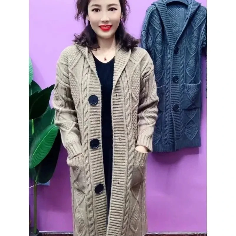 Autumn Winter Long Knitted Sweater Coat Women Vintage Casual Loose Cardigan Female Fashion Elegant Button Hooded Knit Jacket 5XL