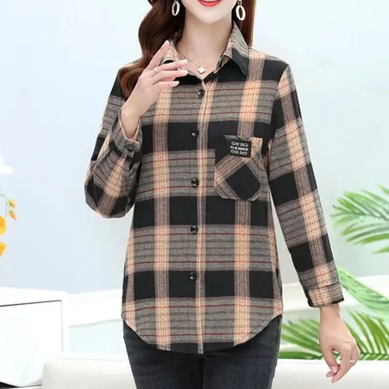 Women\'s Spring and Autumn New Fashion Elegant Polo Collar Plaid Button Pocket Casual Versatile Long Sleeve Loose Shirt Tops