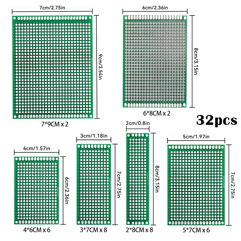 32PCS Double Sided PCB Board Prototype Kit 6 Sizes Universal Printed Circuit Protoboard For DIY Soldering Project