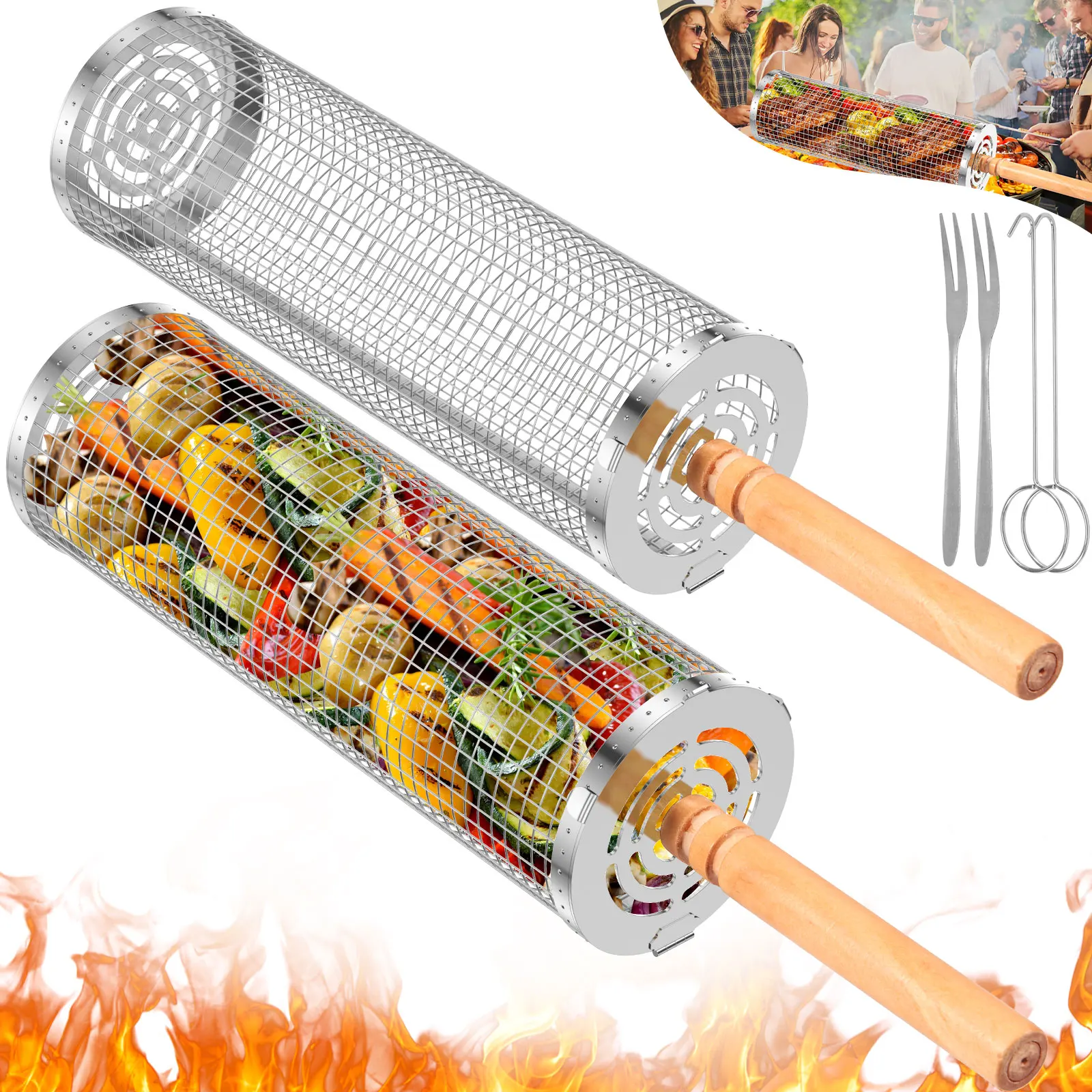 

Nesting Grill Baskets with Wood Handle Stainless Steel Rolling Grilling Basket Portable BBQ Net Tube Round Rolling Grill Net