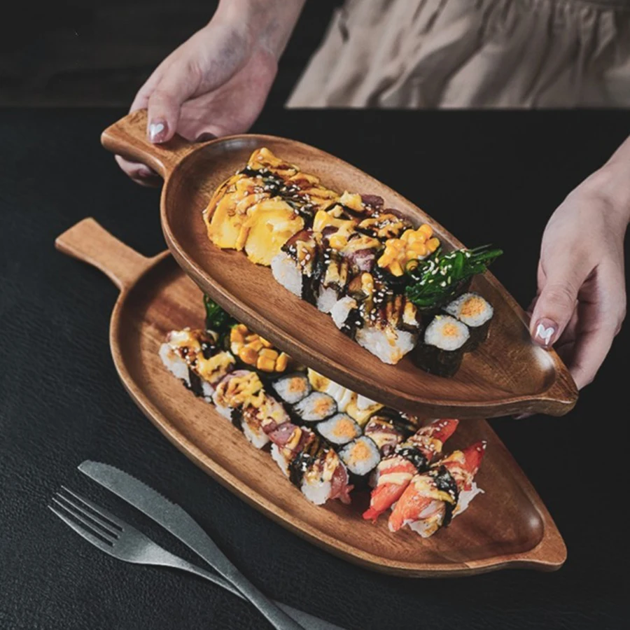 Tablett aus Holz, blattförmig, Nachmittagstee-Tablett, Western-Sushi-Tablett, Dessert, Obst, Essen, Tablett, Holz, wasserdicht