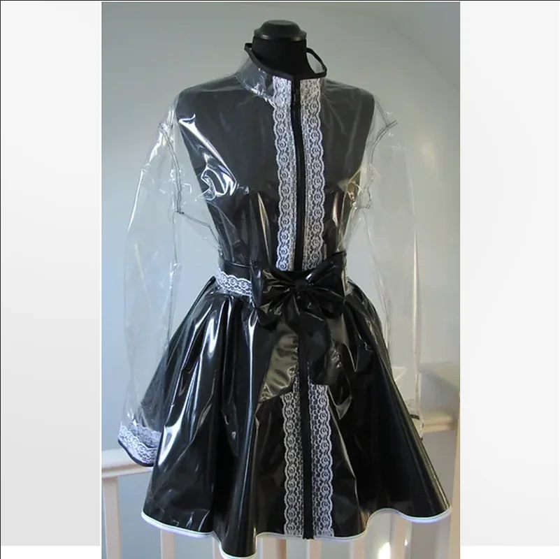 

French Sexy Adult Customized Fetishist Crossdressing Sissy Top Transparent PVC Black Skirt Middle Lace Splice Sweet Bow Dress