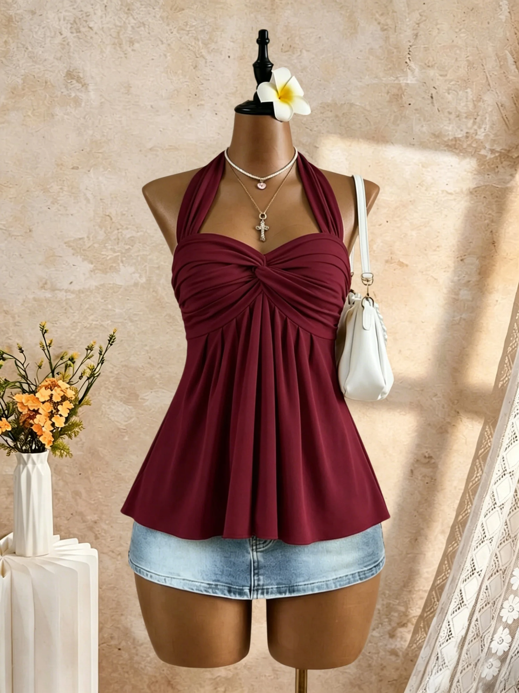 Damen Neckholder-Tanktop mit Twist-Front und Sweetheart-Ausschnitt, ausgestelltes Peplum-Design, Sommer 2026, Y2K, weich, einfarbig, für Strandurlaub, ärmellos – Detail 4