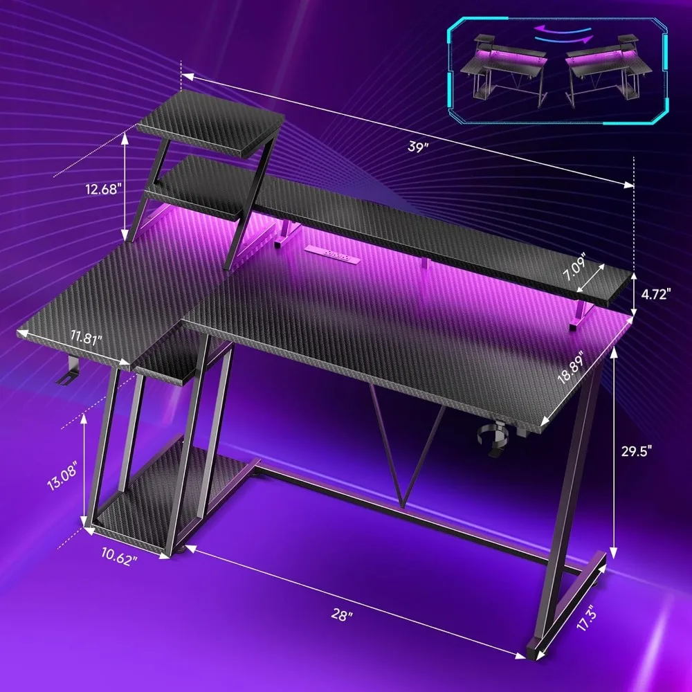 40 Inch L-Shaped Gaming Desk with LED Lights and Power Outlet, featuring Storage Shelves and Monitor Stand for Home Office