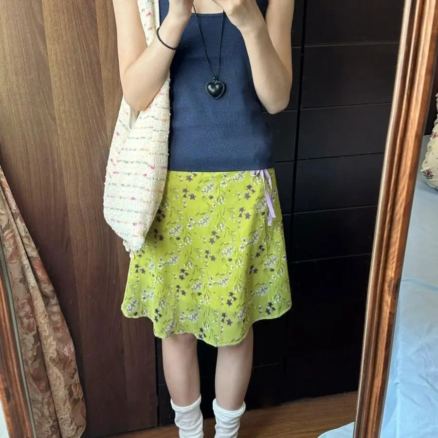 Green Floral Lace-up Skirt Women's Summer Printed A-shaped Short Skirt Medium Skirt