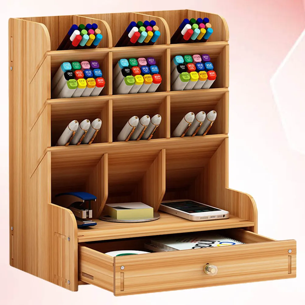 Cherry Wood Desktop Organizer Storage Shelf Wooden Pen Holder with Versatile Compartments for Pens Markers Scissors Notebooks