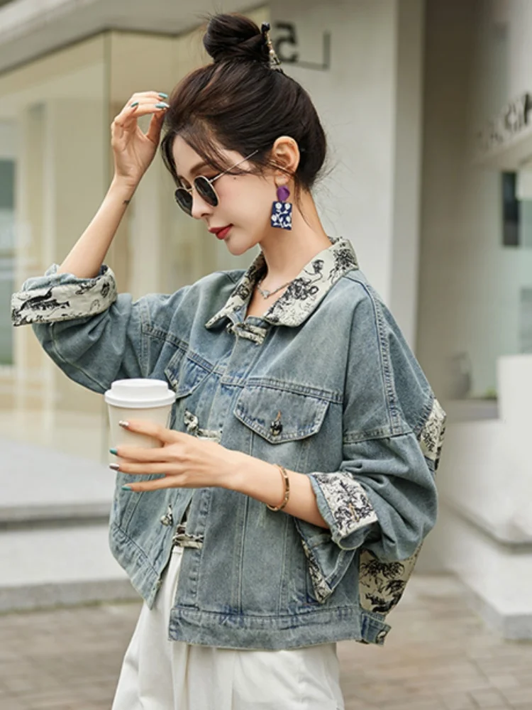 

Новый китайский Sle акварельная живопись в стиле пэчворк, женский джинсовый тюнер, весна-осень 2021, топ-джет с национальным дизайном