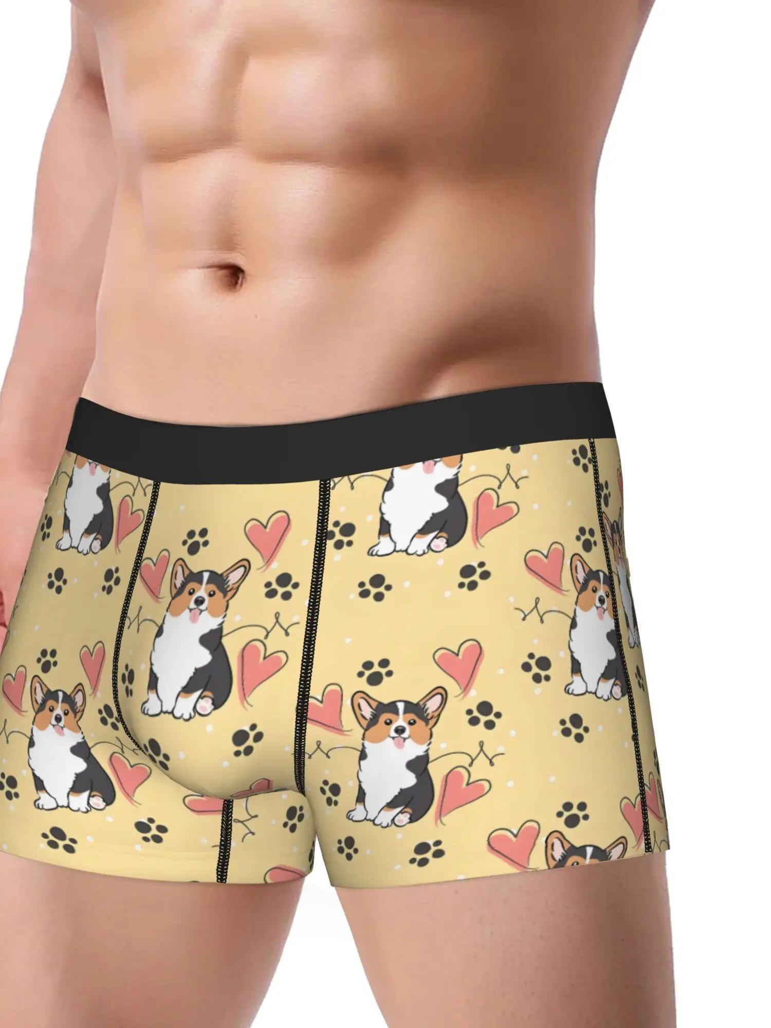 BIIHUDU Men'S Cute Dog Print Boxer Briefs - Soft Stretch Fabric, Black & White Corgi Design with Pink Hearts, Comfortable Underw