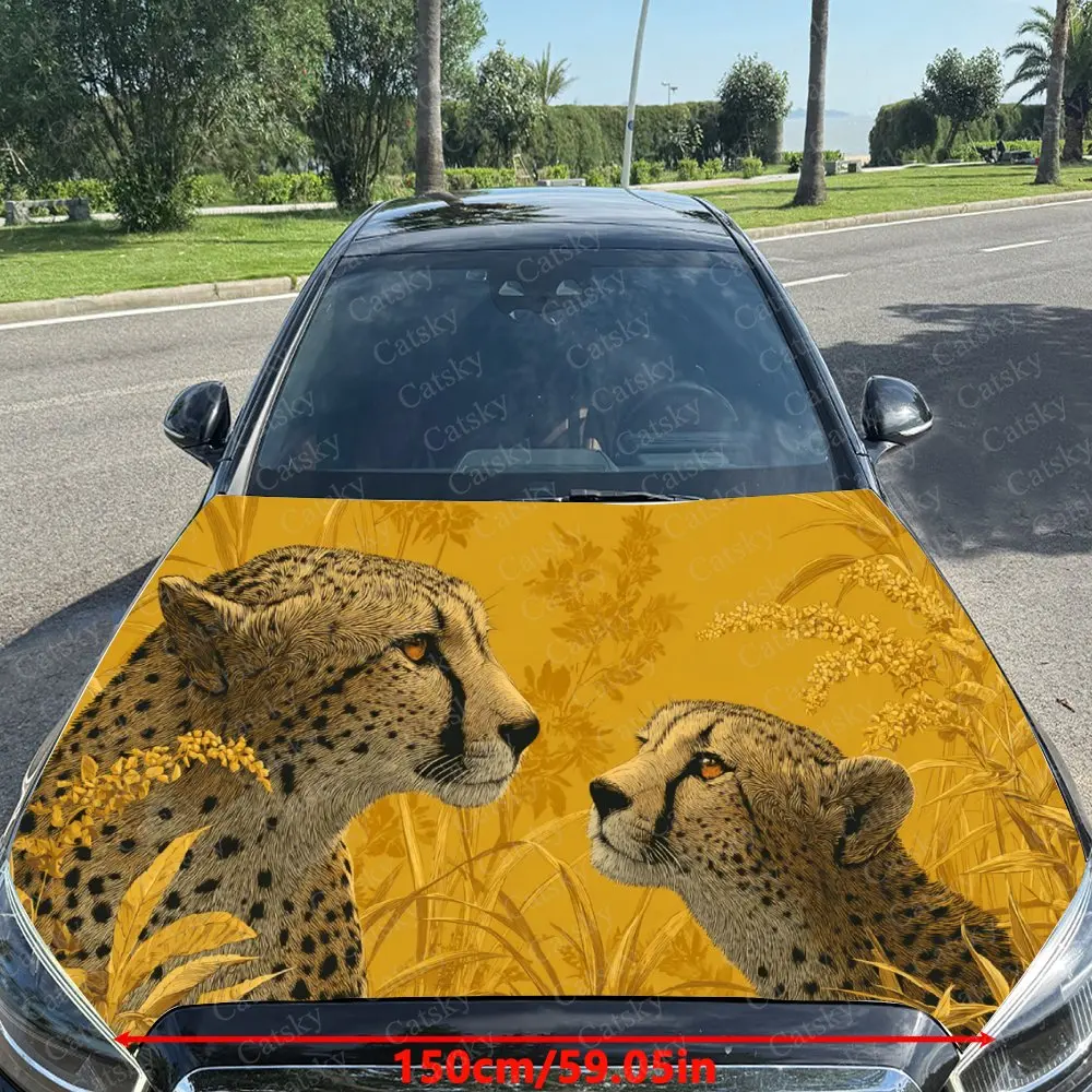 Car Decal Cheetahs with Yellow Textural Artistic Fusion Design, Creating a Mysterious and Energetic Visual Car Hood Sticker, Wat