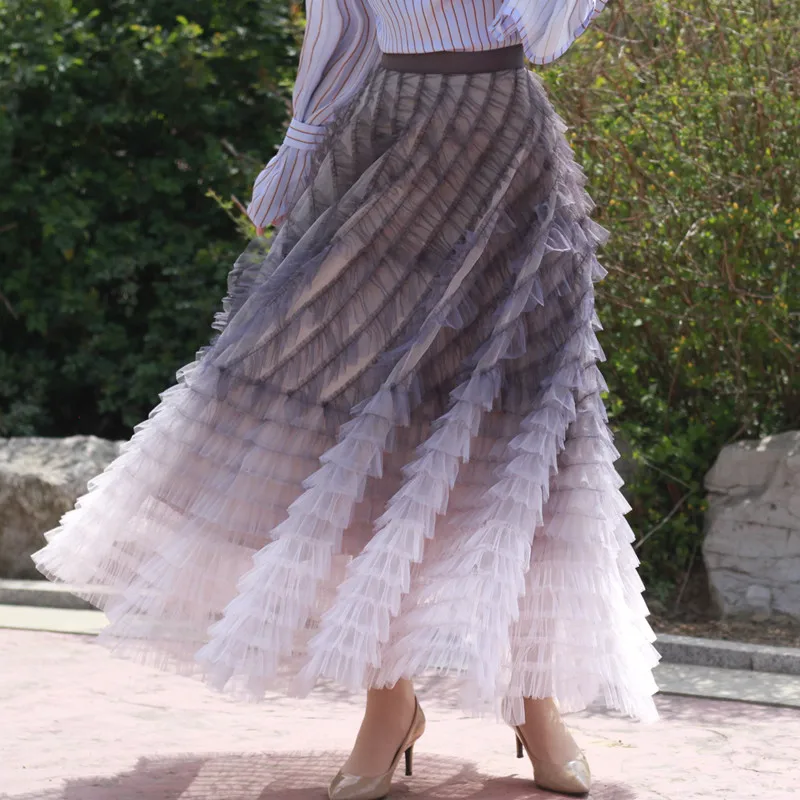 

TIYIHAILEY Free Shipping 2022 New Mesh Women Skirt Summer Spring Long Maxi High Quality Ball Gown Skirts Big Hem Layers Gradient