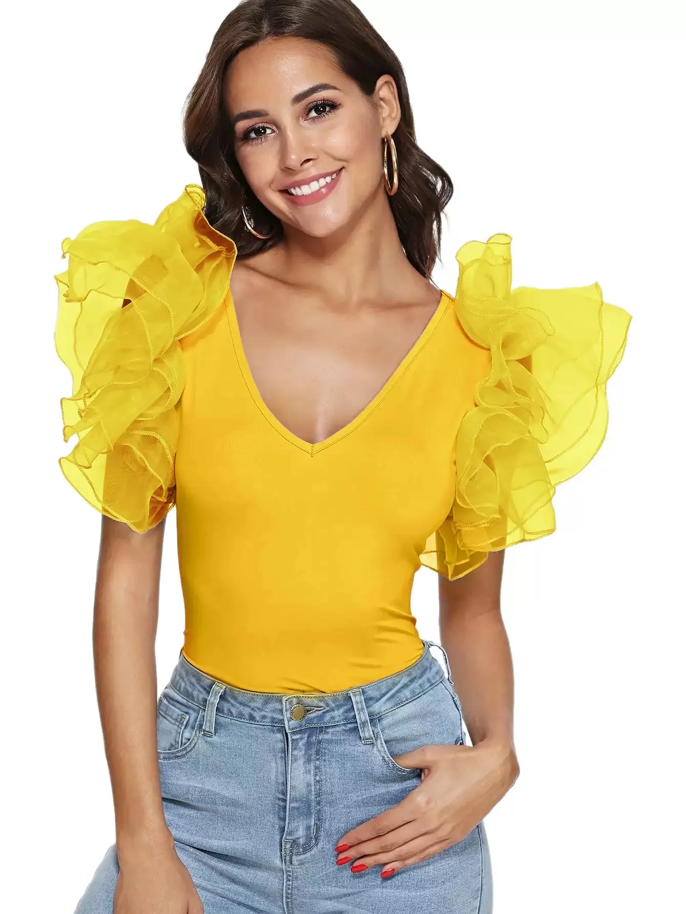 Layers Ruffles Cape Sleeve Bodysuit Female Summer Sexi Onesie Beach Party Rompers V Cutout Charming Playsuit Stretch Jumpsuit